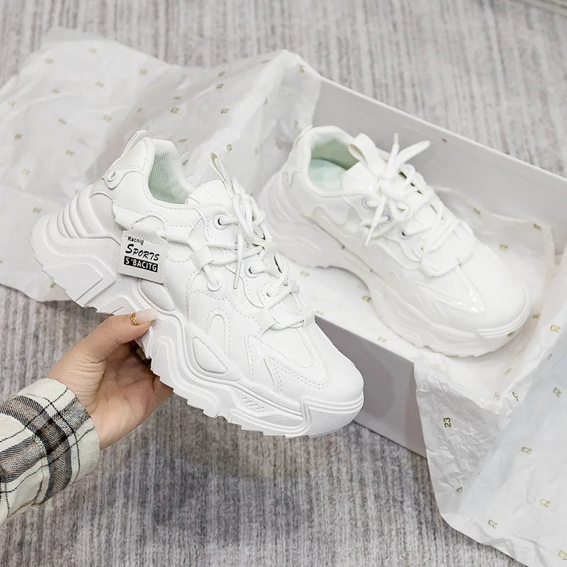 2025 Chunky Womens Leather Sneakers Casual Sports Shoes Female Solid Simple Vulcanized Shoes Luxury Brand Running Trainers Mujer