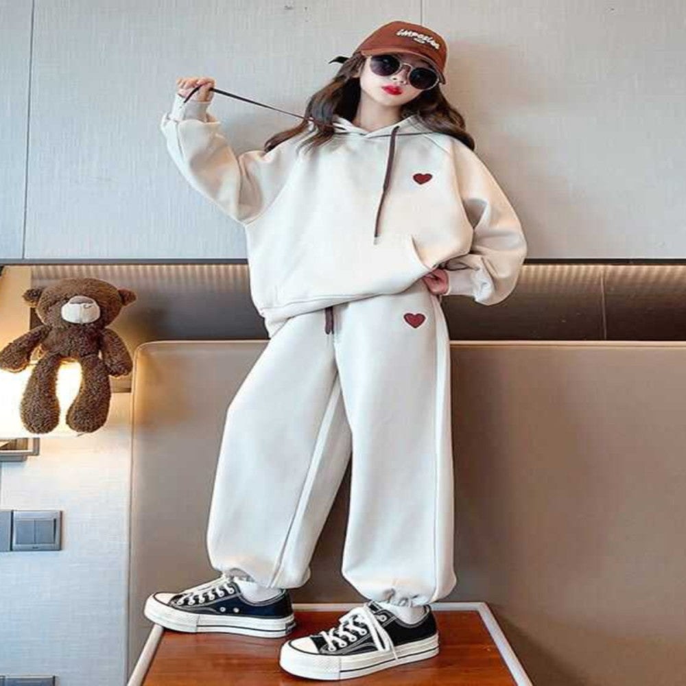 Girls Western style Spring and Autumn hooded embroidery medium and large children s Korean version hoodie with heart shaped embroidery sweatpants sports two piece set image 3