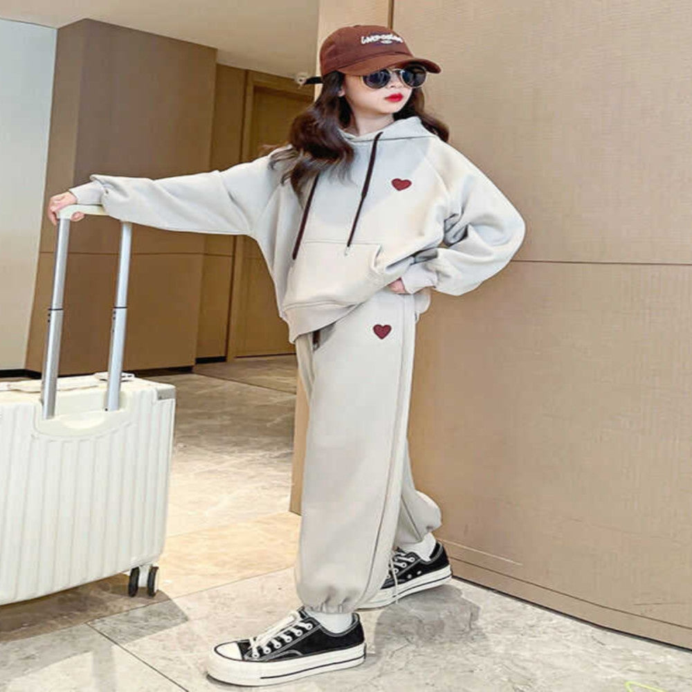 Girls Western style Spring and Autumn hooded embroidery medium and large children s Korean version hoodie with heart shaped embroidery sweatpants sports two piece set image 4