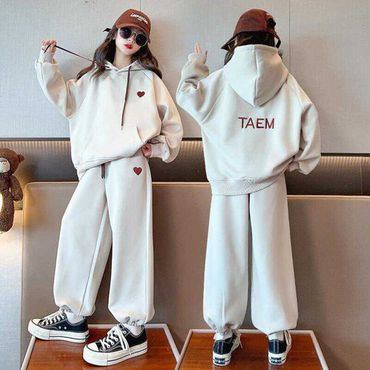 Girls Western style Spring and Autumn hooded embroidery medium and large children s Korean version hoodie with heart shaped embroidery sweatpants sports two piece set