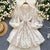 French Sweet Palace Style V-neck Lantern Sleeve Heavy Embroidery Waist slimming Single breasted A-line Elegant Dress for Women