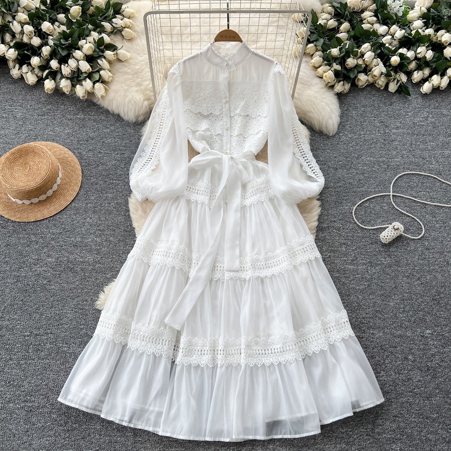 French retro palace style hollow hook lace splicing stand collar single breasted waist fashionable swing dress for women