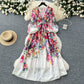 French court style dress for women with sweet lace V-neck buttoned slim fit long design printed dress