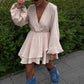 Lantern Sleeves Solid Dark V Dress