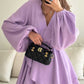 Lantern Sleeves Solid Dark V Dress