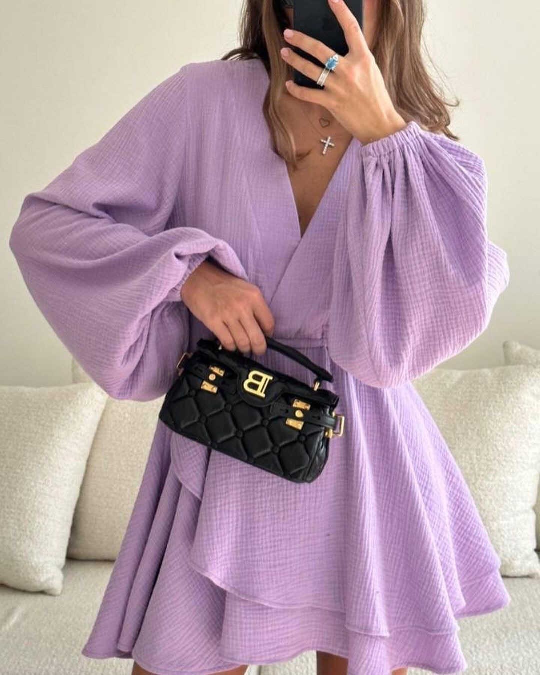 Lantern Sleeves Solid Dark V Dress