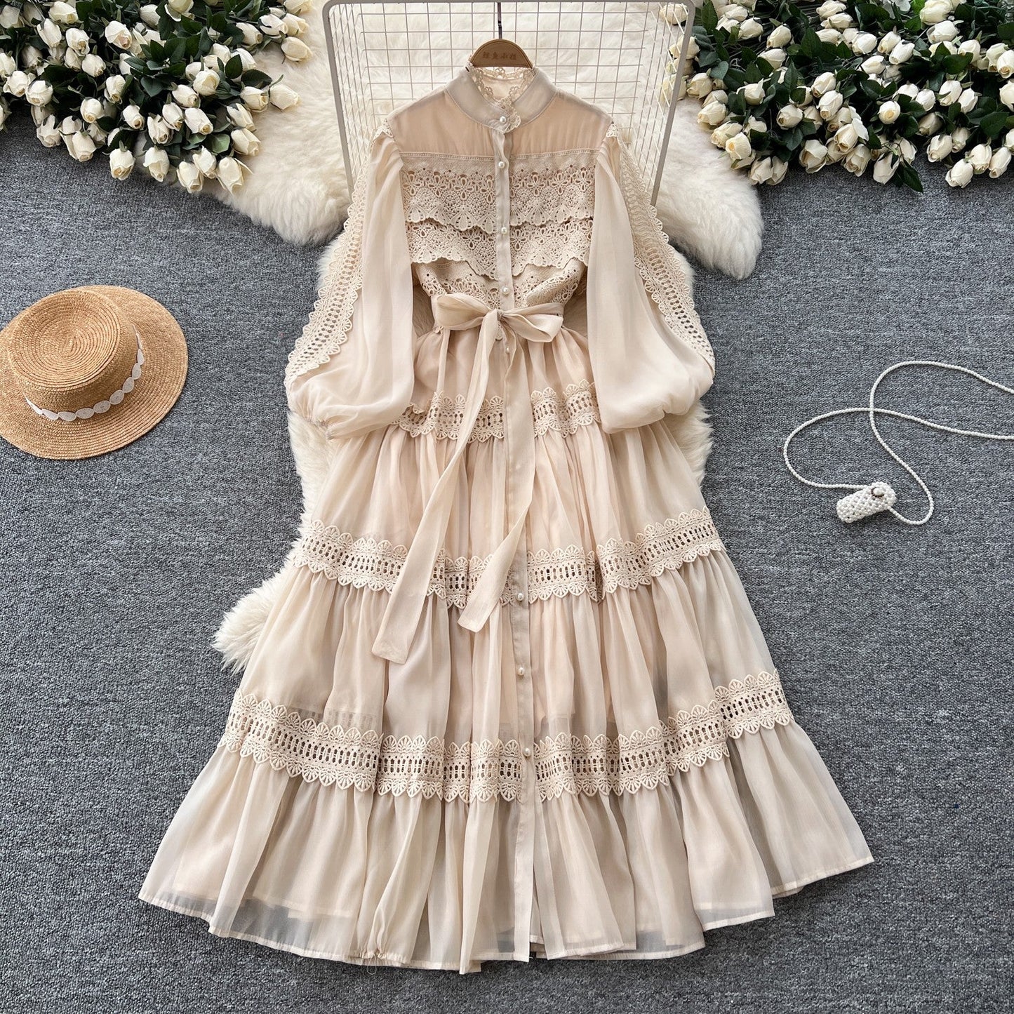 French retro palace style hollow hook lace splicing stand collar single breasted waist fashionable swing dress for women