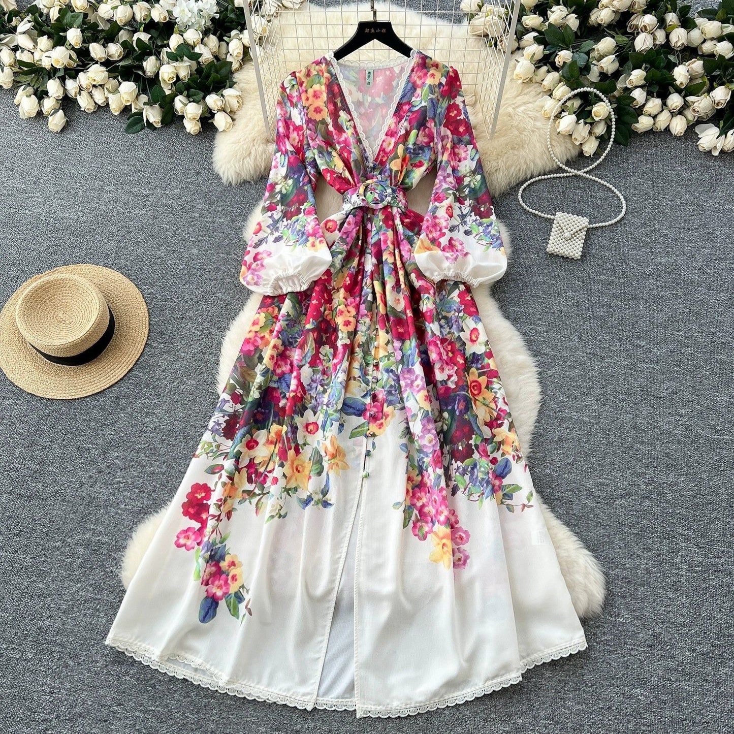 French court style dress for women with sweet lace V-neck buttoned slim fit long design printed dress