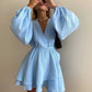 Lantern Sleeves Solid Dark V Dress