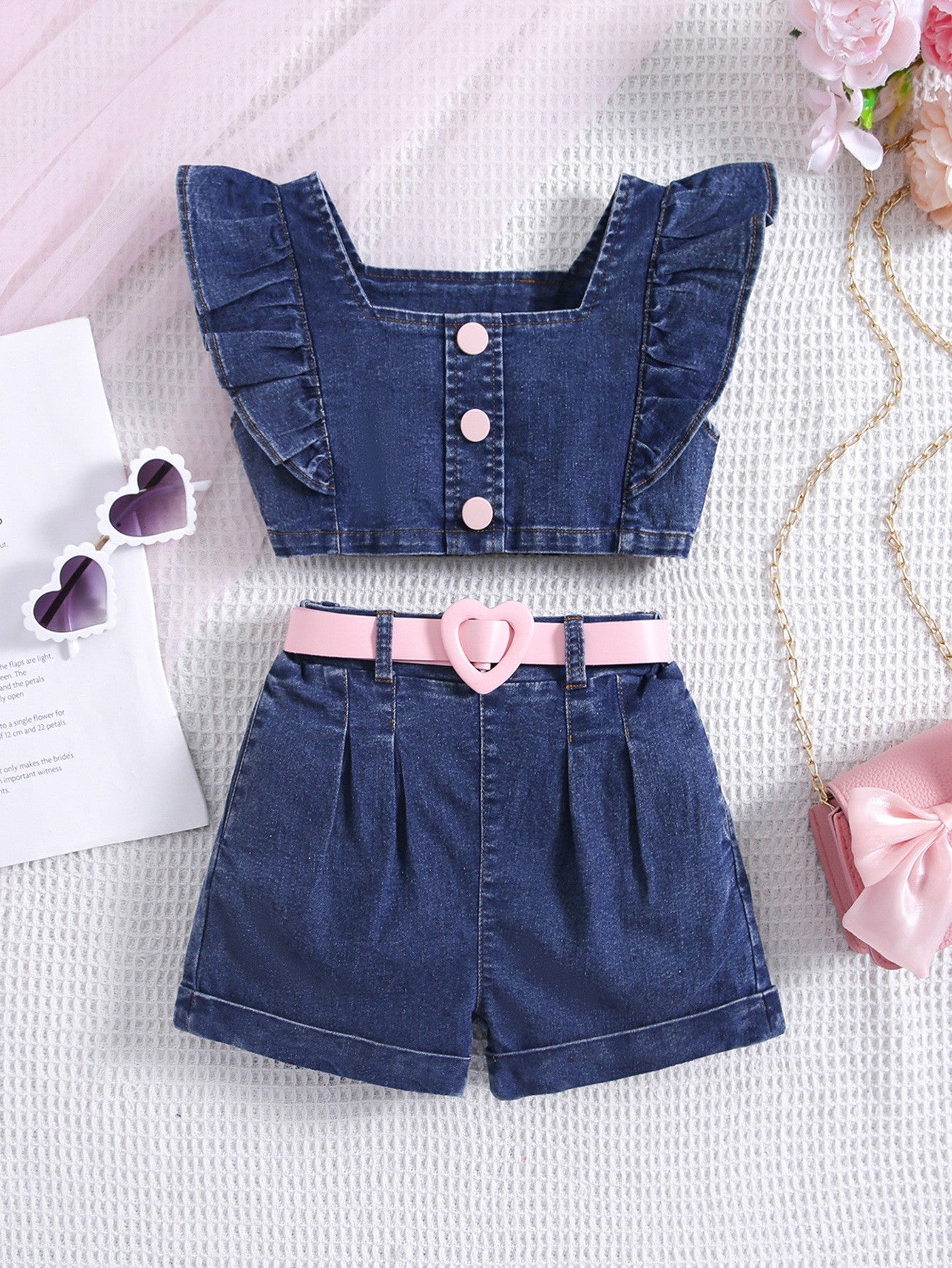 European and American thin style girls square collar lantern sleeve top floral pattern pleated skirt multi-button denim girls suit