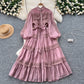 French retro palace style hollow hook lace splicing stand collar single breasted waist fashionable swing dress for women