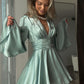 Solid color V-neck flared sleeve waist cinched dress Flared Sleeveless Slim Dress