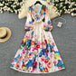French court style dress for women with sweet lace V-neck buttoned slim fit long design printed dress