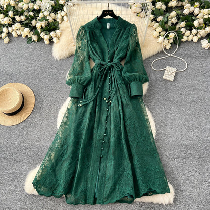 French high-end women's dress for spring 2025 with waist cinching, heavy embroidery, V-neck lantern sleeves, single breasted long skirt