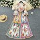French court style dress for women with sweet lace V-neck buttoned slim fit long design printed dress