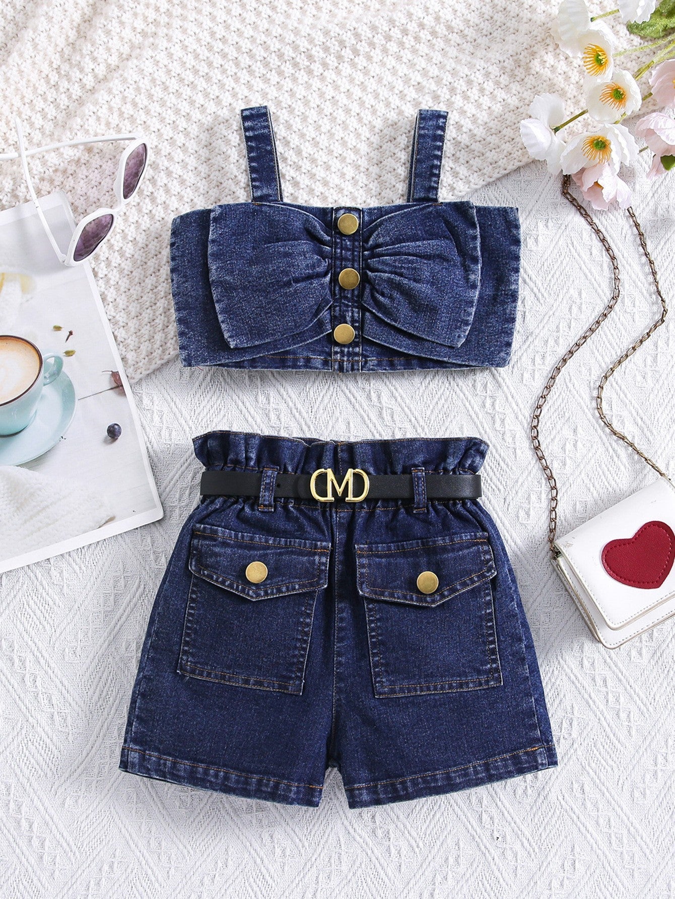 European and American thin style girls square collar lantern sleeve top floral pattern pleated skirt multi-button denim girls suit