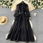 French high-end women's dress for spring 2025 with waist cinching, heavy embroidery, V-neck lantern sleeves, single breasted long skirt
