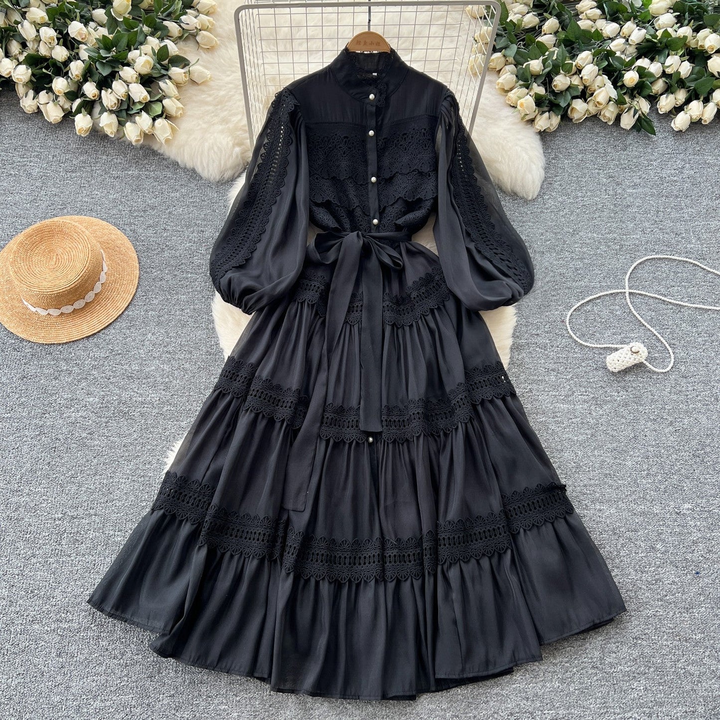French retro palace style hollow hook lace splicing stand collar single breasted waist fashionable swing dress for women