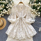 French Sweet Palace Style V-neck Lantern Sleeve Heavy Embroidery Waist slimming Single breasted A-line Elegant Dress for Women