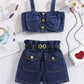 European and American thin style girls square collar lantern sleeve top floral pattern pleated skirt multi-button denim girls suit