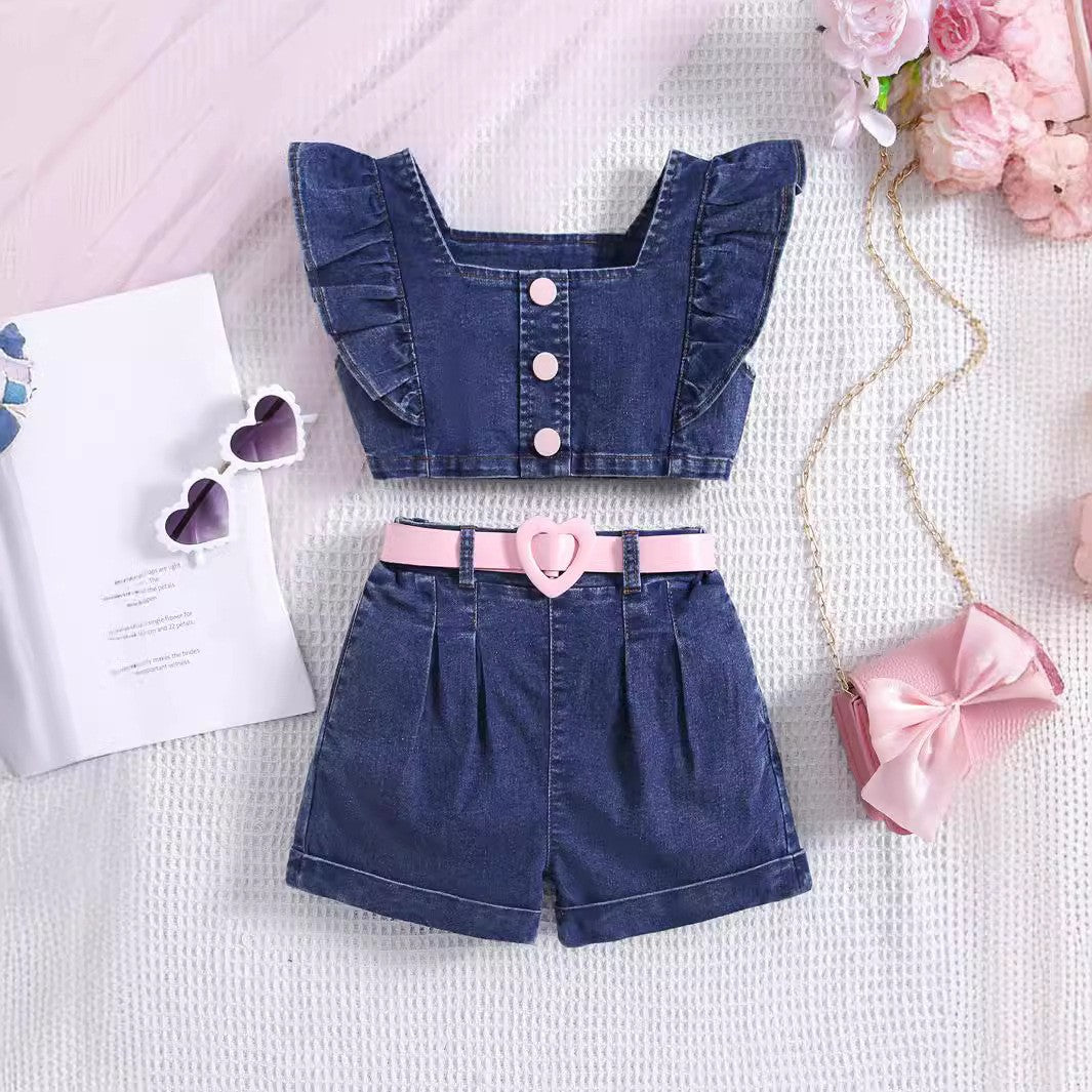 European and American thin style girls square collar lantern sleeve top floral pattern pleated skirt multi-button denim girls suit