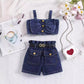 European and American thin style girls square collar lantern sleeve top floral pattern pleated skirt multi-button denim girls suit