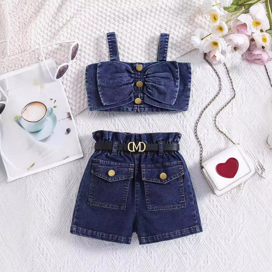 European and American thin style girls square collar lantern sleeve top floral pattern pleated skirt multi-button denim girls suit