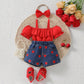 05 Summer Baby Girl One Shoulder Lotus Leaf Strap Top+Love Embroidered Cowboy Short Set with Headscarf