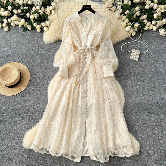 French high-end women's dress for spring 2025 with waist cinching, heavy embroidery, V-neck lantern sleeves, single breasted long skirt