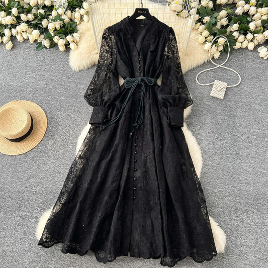 French high-end women's dress for spring 2025 with waist cinching, heavy embroidery, V-neck lantern sleeves, single breasted long skirt