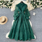 French high-end women's dress for spring 2025 with waist cinching, heavy embroidery, V-neck lantern sleeves, single breasted long skirt
