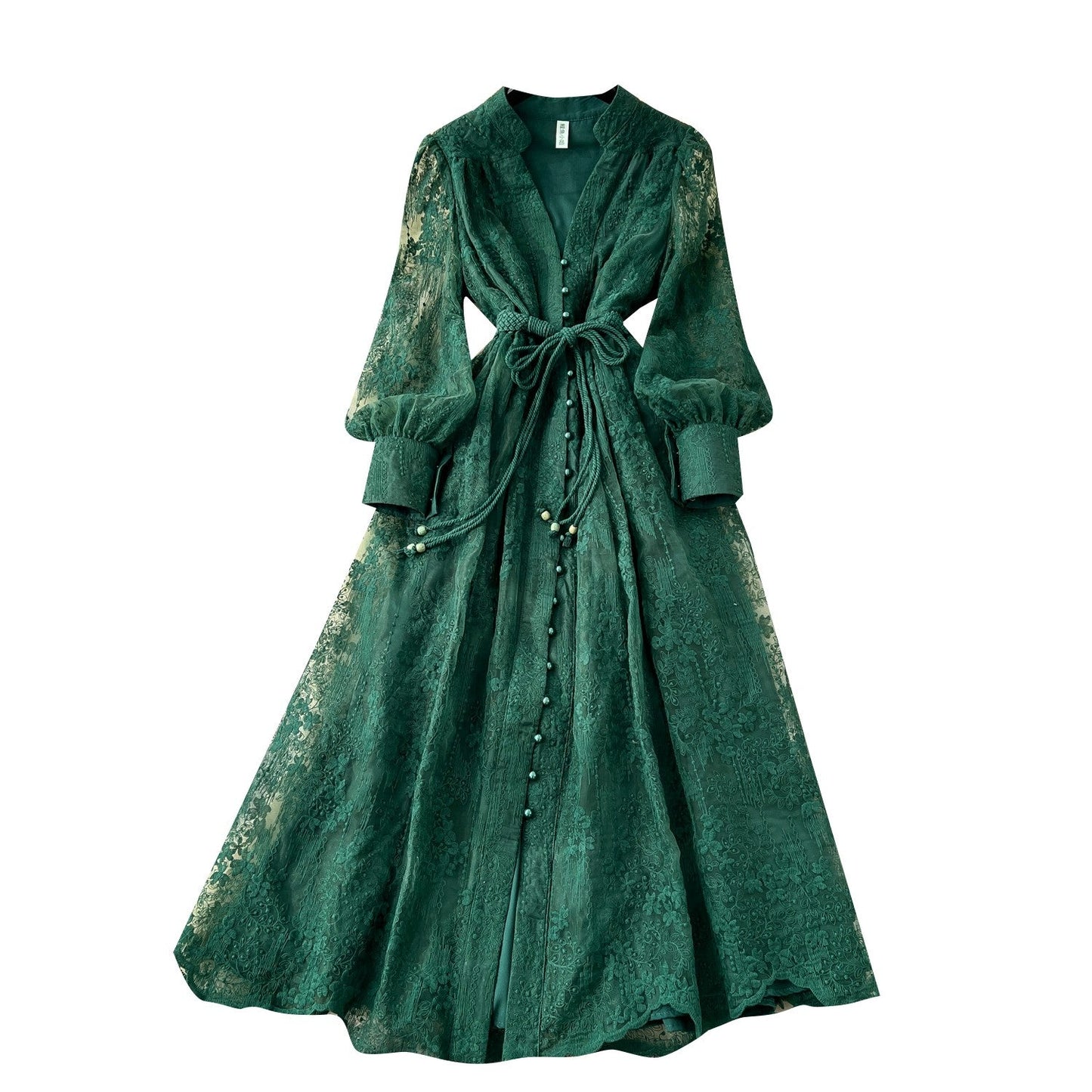 French high-end women's dress for spring 2025 with waist cinching, heavy embroidery, V-neck lantern sleeves, single breasted long skirt