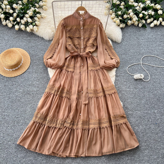 French retro palace style hollow hook lace splicing stand collar single breasted waist fashionable swing dress for women
