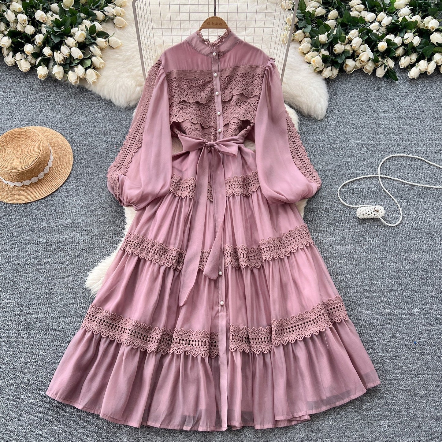 French retro palace style hollow hook lace splicing stand collar single breasted waist fashionable swing dress for women