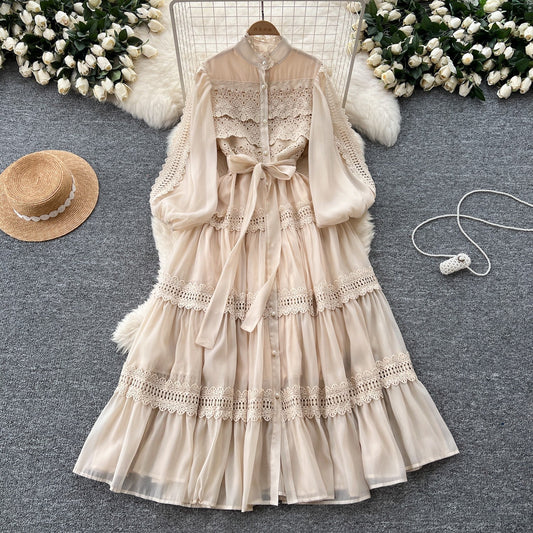 French retro palace style hollow hook lace splicing stand collar single breasted waist fashionable swing dress for women