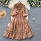 French retro palace style hollow hook lace splicing stand collar single breasted waist fashionable swing dress for women