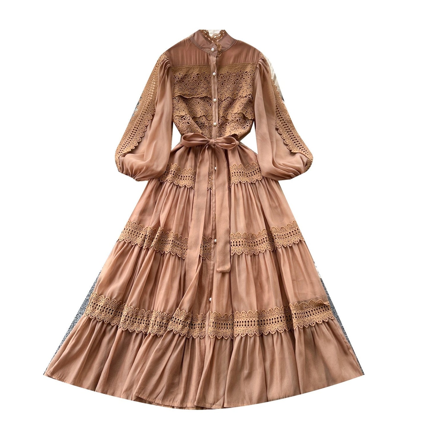 French retro palace style hollow hook lace splicing stand collar single breasted waist fashionable swing dress for women