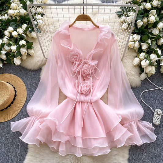 Fairy dress 2025 new atmosphere V-neck three-dimensional flower lace up waist cinched ruffle edge chiffon dress for women