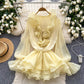 Fairy dress 2025 new atmosphere V-neck three-dimensional flower lace up waist cinched ruffle edge chiffon dress for women