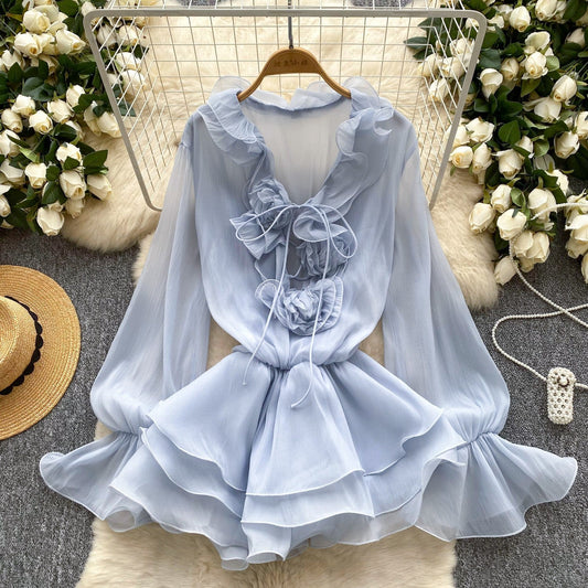 Fairy dress 2025 new atmosphere V-neck three-dimensional flower lace up waist cinched ruffle edge chiffon dress for women