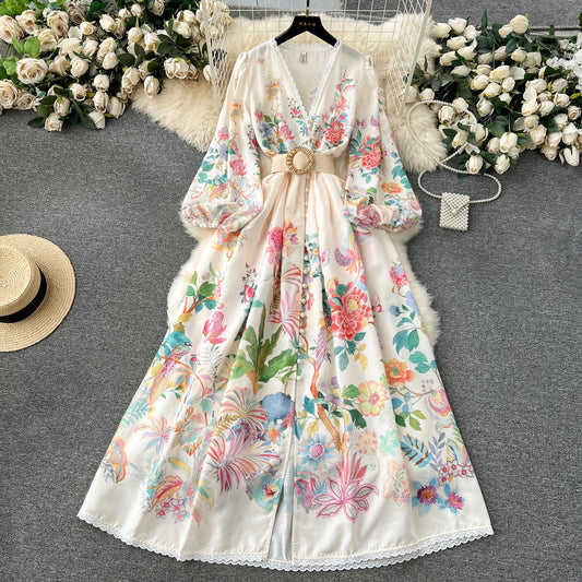 French court style dress for women with sweet lace V-neck buttoned slim fit long design printed dress