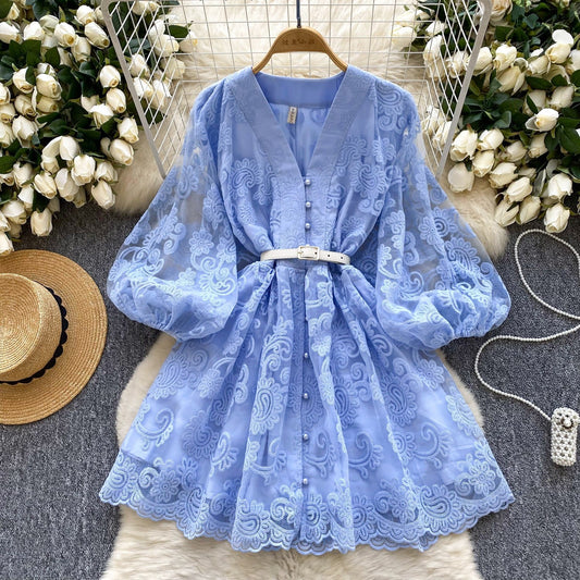 French Sweet Palace Style V-neck Lantern Sleeve Heavy Embroidery Waist slimming Single breasted A-line Elegant Dress for Women
