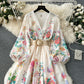 French court style dress for women with sweet lace V-neck buttoned slim fit long design printed dress