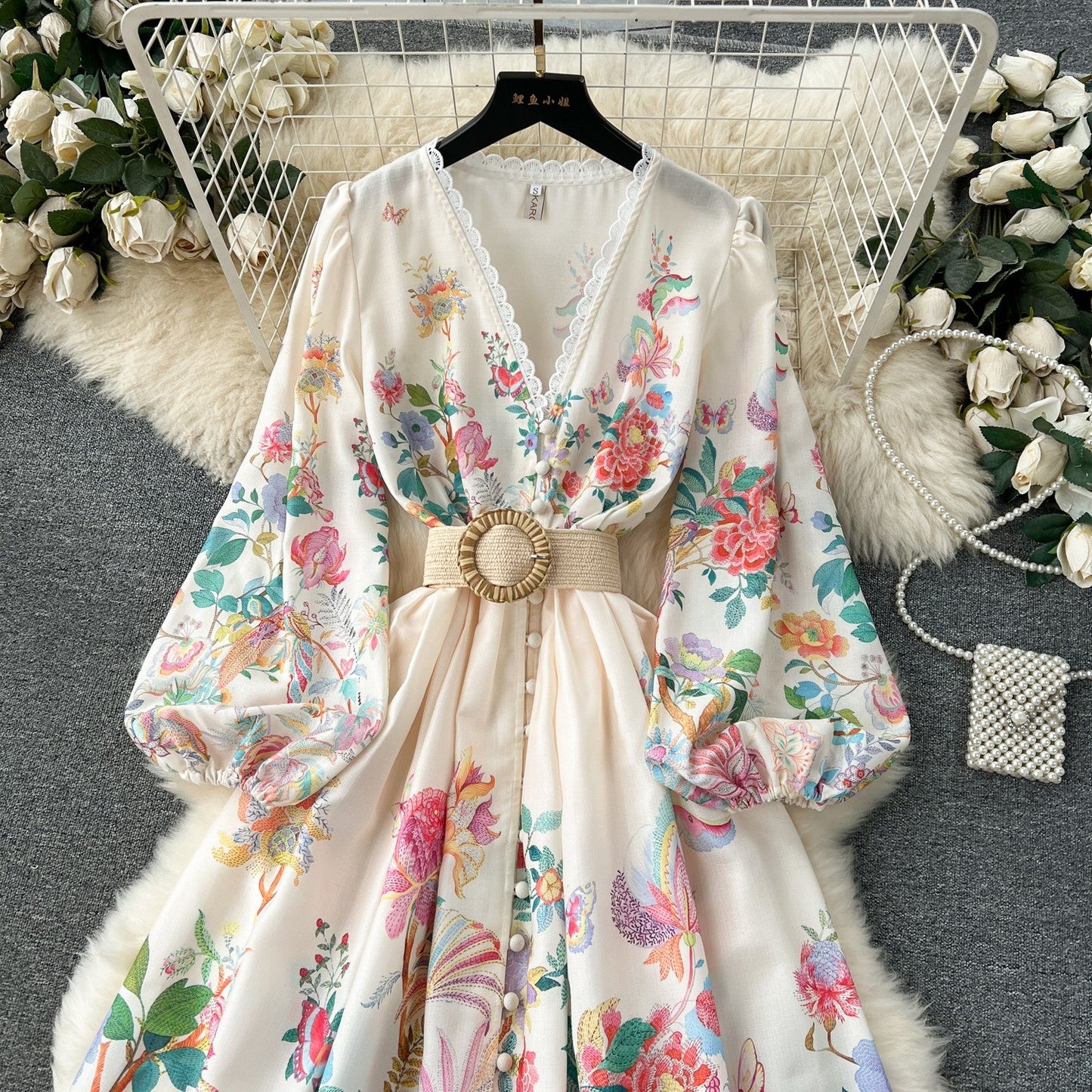 French court style dress for women with sweet lace V-neck buttoned slim fit long design printed dress