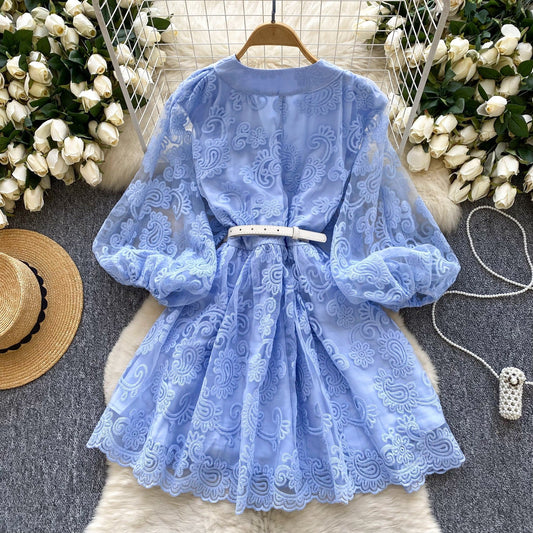 French Sweet Palace Style V-neck Lantern Sleeve Heavy Embroidery Waist slimming Single breasted A-line Elegant Dress for Women