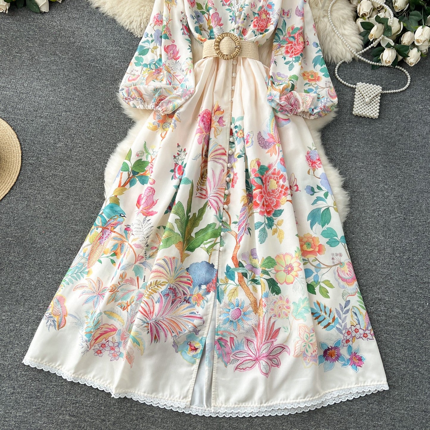 French court style dress for women with sweet lace V-neck buttoned slim fit long design printed dress