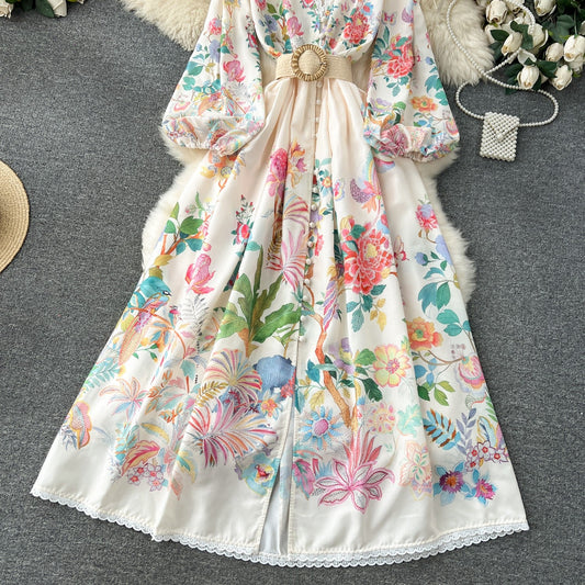 French court style dress for women with sweet lace V-neck buttoned slim fit long design printed dress