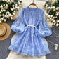 French Sweet Palace Style V-neck Lantern Sleeve Heavy Embroidery Waist slimming Single breasted A-line Elegant Dress for Women