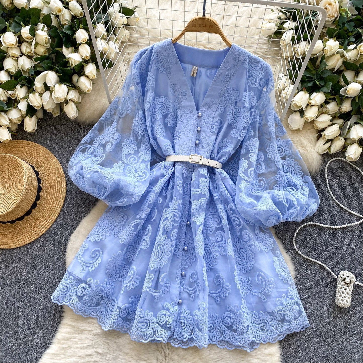 French Sweet Palace Style V-neck Lantern Sleeve Heavy Embroidery Waist slimming Single breasted A-line Elegant Dress for Women