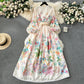 French court style dress for women with sweet lace V-neck buttoned slim fit long design printed dress